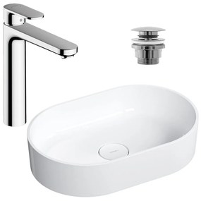 Pachet lavoar pe blat Omnires Ovo M+ alb 55 cm, baterie lavoar Hansgrohe Vernis Blend crom si ventil lavoar Click-Clack crom