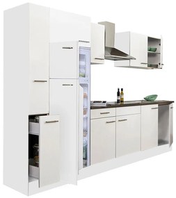 Mobilă de bucătărie Yorki 300, corp alb, față alb satinat, frigider cu congelator superior