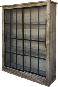 Vitrină industrială din lemn masiv de mango și metal, natur, cu 2 uși glisante vitrate, 3 rafturi și rame negre, 190 x 150 x 45 cm, „Paris”