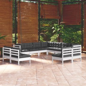 3096864 vidaXL Set mobilier grădină cu perne, 11 piese, alb, lemn masiv pin