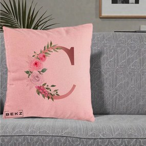Cadou Personalizat - Perna Personalizata Monograma Rose Gold Litera C, 40x40 cm, Roz, Husa Detasabila, Perna Inclusa, BEKZ®