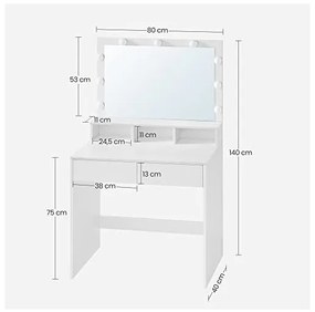 Masa de toaleta, Vasagle, 9 lumini, Alb, RDT120T10, 40 x 80 x 140 cm