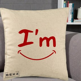 Perna Decorativa I'm Happy Smile, 40x40 cm, Bej, Husa Detasabila, Perna Inclusa, BEKZ®
