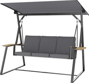 Outsunny Balansoar exterior de grădină cu 3 locuri, acoperiș reglabil, 2 tăvi, perne și cadru metalic, sarcină 360 kg, gri | Aosom Romania