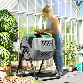 Outsunny Compostor Rotativ cu 2 Secțiuni și 8 Prize de Aerisire din Oțel și PP, 160L, 71x65x96 cm, Gri | Aosom Romania