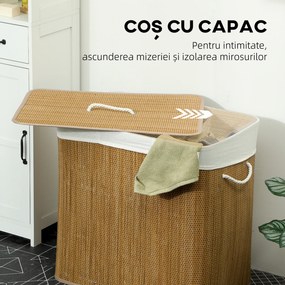 HOMCOM Coș pentru Rufe din Bambus cu Capac, 144L, 3 Compartimente, Sac Detașabil și Lavabil, Mânere, Maro | Aosom Romania
