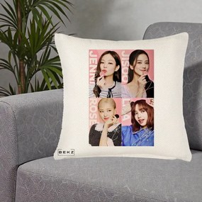 Perna Personalizata K-pop BLACKPINK Colaj 4 Portrete cu Semnature, 40x40 cm, Crem Reliefat, Husa Detasabila, Perna Inclusa, BEKZ®