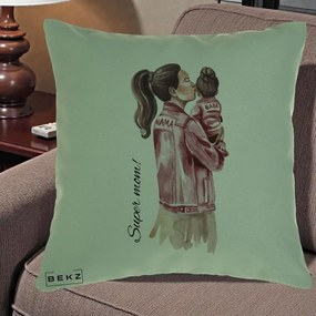 Cadou pentru Mama - Perna Personalizata Super Mom Jachete Roz, 40x40 cm, Verde, Husa Detasabila, Perna Inclusa, BEKZ®