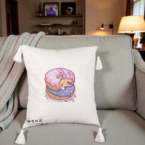 Perna Decorativa Donuts Roz si Mov, 40x40 cm, Bej cu Franjuri, Husa Detasabila, Perna Inclusa, BEKZ®