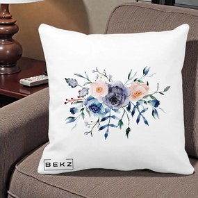 Perna Decorativa Buchet Flori Albastre Acuarela, 40x40 cm, Alba Mata, Husa Detasabila, Perna Inclusa, BEKZ®