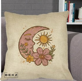 Perna Personalizata Luna si Soare Floral Boho, 40x40 cm, Crem, Husa Detasabila, Perna Inclusa, BEKZ®