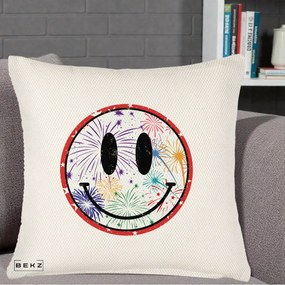 Perna Decorativa Smiley Face cu Artificii Multicolore, 40x40 cm, Crem Reliefat, Husa Detasabila, Perna Inclusa, BEKZ®