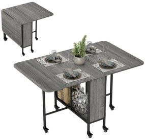 HOMCOM Masă Pliabilă, Rabatabilă pentru 4-6 Persoane cu Raft și 6 Roți, din Lemn și Metal, 130x80x74 cm, Gri | Aosom Romania