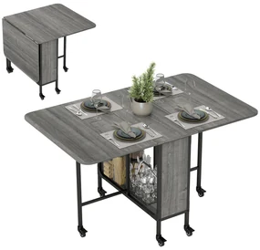 HOMCOM Masă Pliabilă, Rabatabilă pentru 4-6 Persoane cu Raft și 6 Roți, din Lemn și Metal, 130x80x74 cm, Gri | Aosom Romania