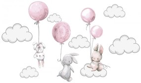 Autocolant de perete pentru copii pentru o fetiță iepurași veseli cu baloane roz 80 x 76 cm