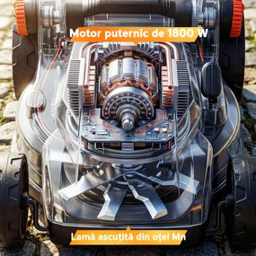 Outsunny Mașină de Tuns Iarba Electrică 1800W cu Lățime de Tăiere de 40cm, Funcție Mulching și Sac de 50L, Mâner Reglabil și Detașabil, 6 Niveluri de Tăiere, Gri Deschis | Aosom Romania