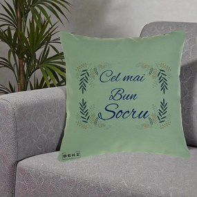 Cadou pentru Socru - Perna Personalizata Cel mai Bun Socru cu Ramuri Frunze Albastre si Aurii, 40x40 cm, Verde, Husa Detasabila, Perna Inclusa, BEKZ®