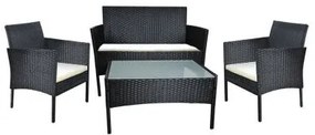 Set mobilier gradina/terasa, poliratan, structura metalica, negru cu perne crem, 1 masa, 2 fotolii, 1 canapea, Malatec