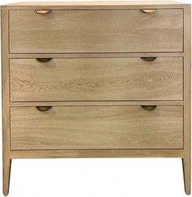 Comodă cu 3 sertare mid century, din lemn de stejar, natur, cu picioare de lemn și mânere metalice semirotunde, 90 x 90 x 45 cm, „Ernest”