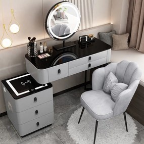 Set Margot, Masă de toaletă pentru machiaj cu oglindă iluminată LED, control touch, 6 sertare, comoda, scaun, Difuzor Bluetooth, zona încărcare fără fir, Gri