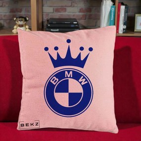 Perna Personalizata cu emblema BMW si Coroana, 40x40 cm, Roz, Husa Detasabila, Perna Inclusa, BEKZ®