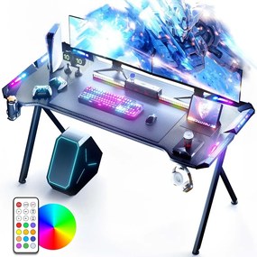 DOWINX Birou de Gaming RGB cu Iluminare Multicoloră și Design din Fibră de Carbon, Telecomanda, Mouse pad impermeabil, 160 cm, Negru