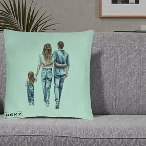Cadou pentru Familie - Perna Personalizata Familie Acuarela Jeans, 40x40 cm, Verde Menta, Husa Detasabila, Perna Inclusa, BEKZ®