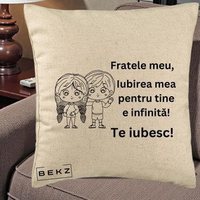 Cadou pentru Frate - Perna Personalizata Fratele Meu Te Iubesc Copii Anime Line Art Negru, 40x40 cm, Bej, Husa Detasabila, Perna Inclusa, BEKZ®