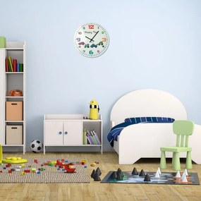 Ceas de perete alb pentru camera copiilor cu cadran colorat