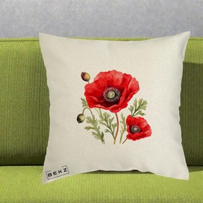 Perna Decorativa Maci Rosii Acuarela, 40x40 cm, Ecru, Husa Detasabila, Perna Inclusa, BEKZ®