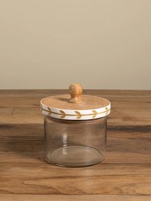 Borcan din sticlă natur cu capac din lemn de mango, model cu frunze stilizate pictat manual, 14 × 12 cm, „Bocage"
