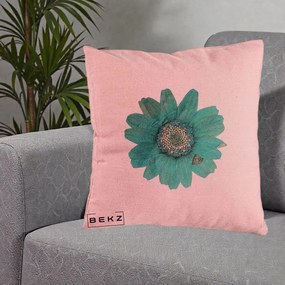 Perna Decorativa Floare Gerbera Teal Acuarela, 40x40 cm, Roz, Husa Detasabila, Perna Inclusa, BEKZ®