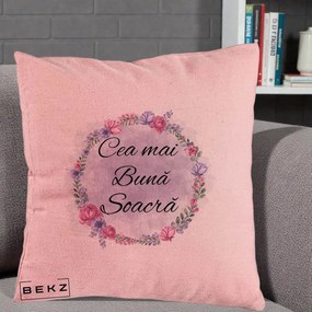 Cadou pentru Soacra - Perna Personalizata Cea mai Buna Soacra cu Coronita Flori Roz si Mov, 40x40 cm, Roz, Husa Detasabila, Perna Inclusa, BEKZ®