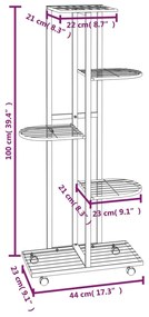 Suport de flori cu 5 etaje, cu roti, alb, 44x23x100 cm, fier 1, Alb, 45 x 23 x 100 cm