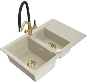 Chiuvetă granitică Mexen Gaspar cu 1,5 compartimente și picurător și baterie de bucătărie Duo, bej - 6507-69-671701-57-G