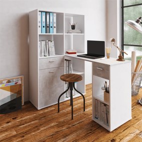 Masa PC cu etajera, alb beton, MINESON