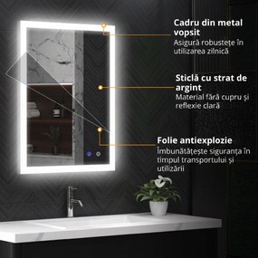 Kleankin Oglinda LED, Oglinda de Machiaj de Perete cu 3 Lumini, 800x600mm, Tactilă, Anti-Ceță, Montare Orizontală/Verticală | Aosom Romania