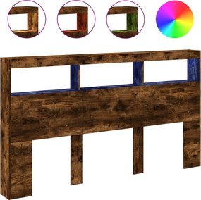 vidaXL Tăblie de pat cu dulap și LED, stejar fumuriu, 180x17x102 cm