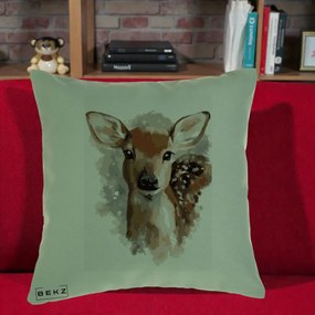 Perna Decorativa Caprioara Pui Acuarela, 40x40 cm, Verde, Husa Detasabila, Perna Inclusa, BEKZ®