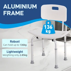 HOMCOM Scaun de Duș Antiderapant cu Spătar și Înălțime Reglabilă pe 8 Poziții, 50,6x43x71-88 cm, Alb | Aosom Romania
