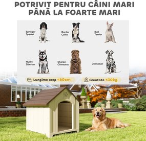 PawHut Căsuță pentru câini de talie medie și mare, ridicată, cu acoperiș înclinat, guri de aerisire și cuie, căsuță din PP, 88x78x89 cm, Bej și Maro Închis | Aosom Romania