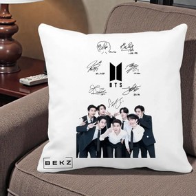 Perna Personalizata K-pop BTS Autografe Toti Membrii cu Fotografie, 40x40 cm, Alba Mata, Husa Detasabila, Perna Inclusa, BEKZ®