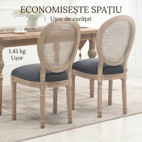 HOMCOM Set 2 Scaune de Dining Vintage, Material cu Efect de In, Spătar din Ratan Perforat, Picioare din Lemn, Gri | Aosom Romania