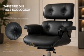 EXECUTIVE PRESTIGE – Scaun Directorial Ergonomic Premium, cu Piele PU, Furnir Negru, Bază din Aluminiu, Reglaj pe Înălțime și Funcție de Înclinare, Negru