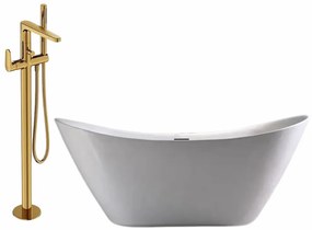 Set cada baie freestanding ovala 150 x 77 cm, Bella Foglia, plus baterie freestanding, auriu lucios
