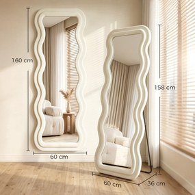 HOMCOM Oglindă de Podea Autoportantă cu Ramă Ondulată din Catifea, 160x60 cm, Sticlă Securizată, Crem | Aosom Romania