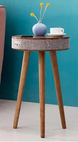 MOBHomeWood, Măsuța inteligentă de cafea, cu boxe încorporate, Bluethooth, încărcare Wireless și USB, design minimalist, Gri/Lemn