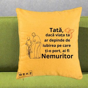 Cadou pentru Tata - Perna Personalizata Tata Nemuritor Bicicleta, 40x40 cm, Galben, Husa Detasabila, Perna Inclusa, BEKZ®