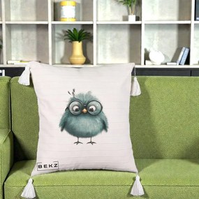 Perna Decorativa Pui Teal cu Ochelari Rotunzi, 40x40 cm, Bej cu Franjuri, Husa Detasabila, Perna Inclusa, BEKZ®