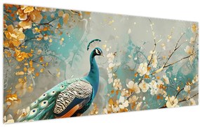 Tablou - Păun cu decor de aur (120x50 cm)